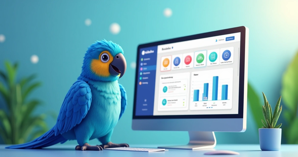 Mascote arara azul ao lado de aplicativo Bubble em tela 