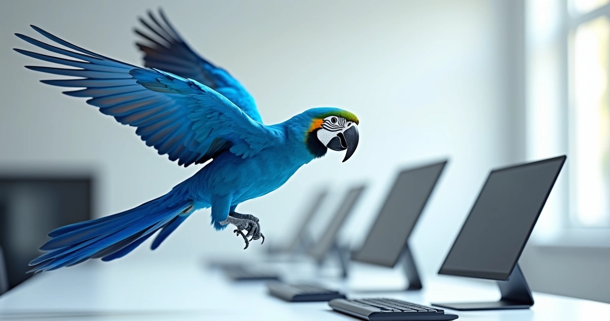 Arara azul estilizada sobrevoando computadores modernos 