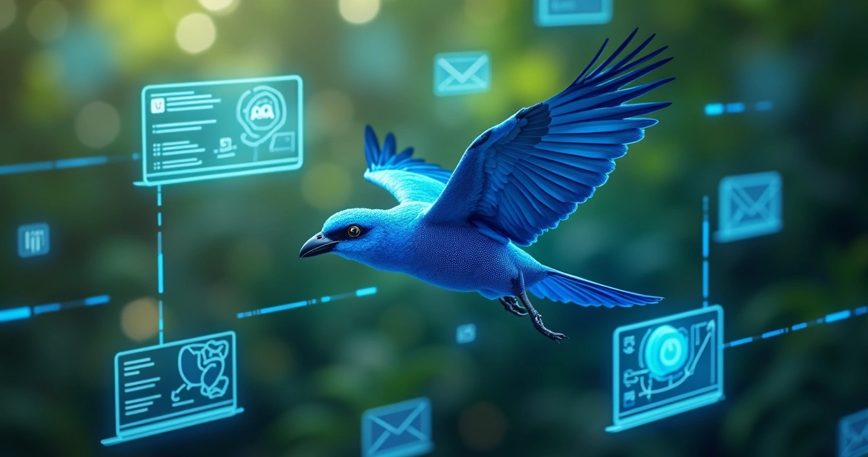 Arara azul sobrevoando ícones digitais em interface colorida 