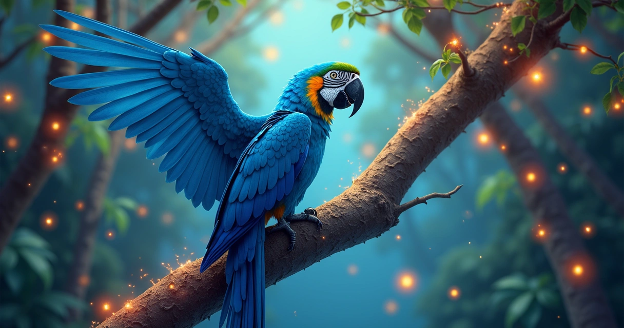 Arara azul estilizada com elementos de tecnologia