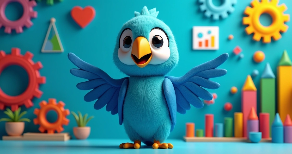 Mascote arara azul próxima a elementos de tecnologia e criatividade 
