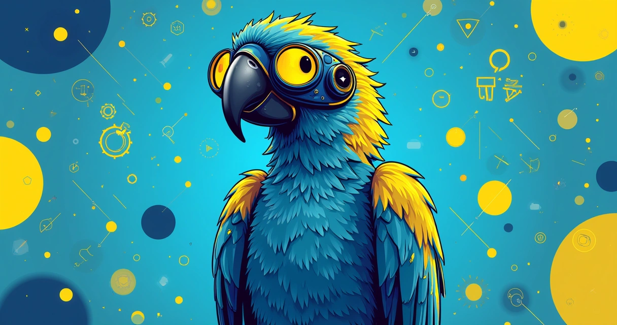 Arara azul com elementos digitais e cores vivas representando inovação. 