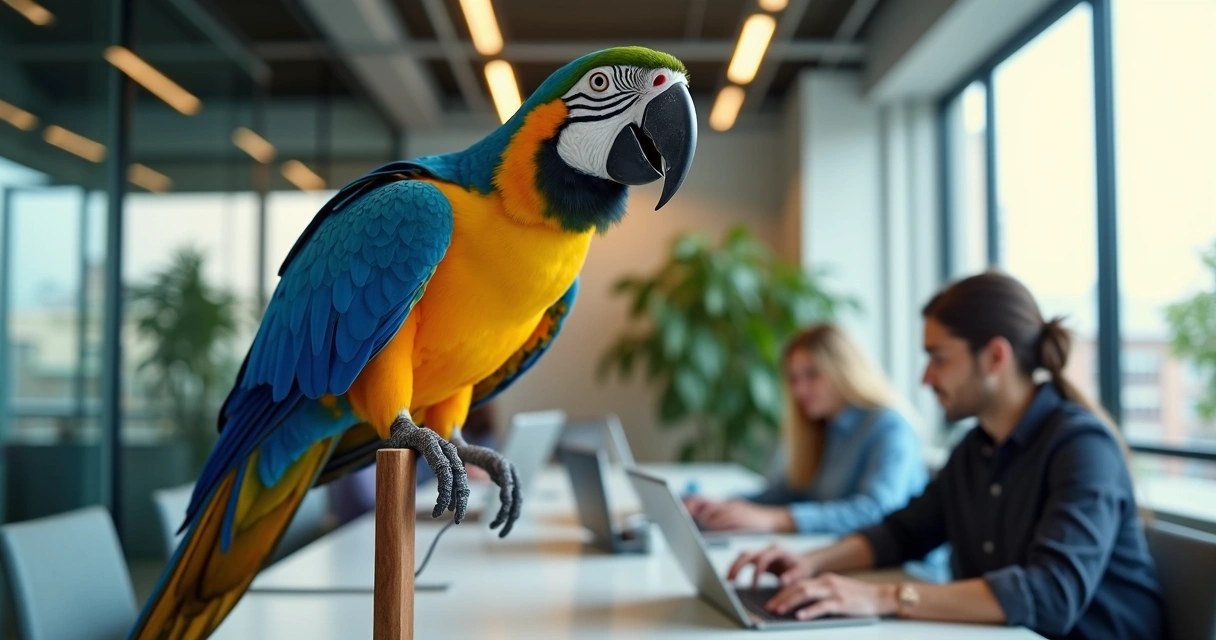 Mascote arara azul em ambiente de tecnologia de empresa 