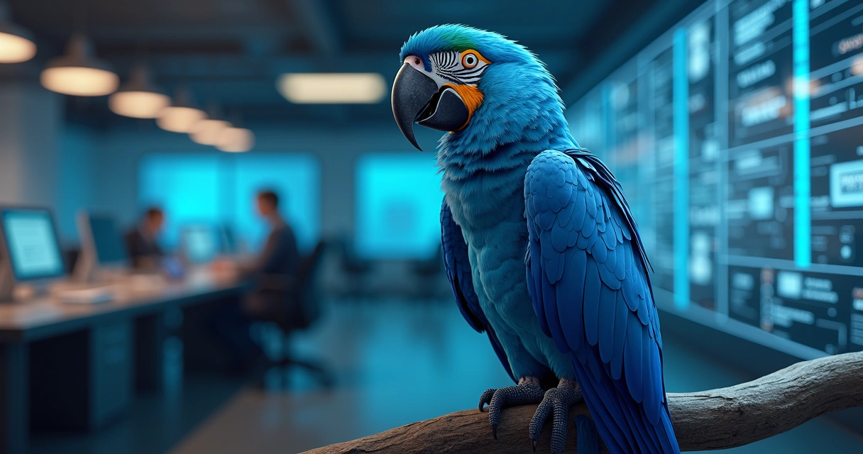 Arara azul representando inovação digital com elementos de tecnologia 