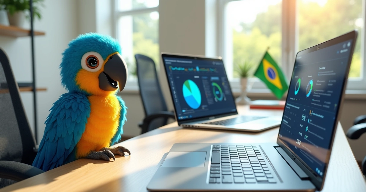 Arara azul mascote em sala com telas e gráficos 