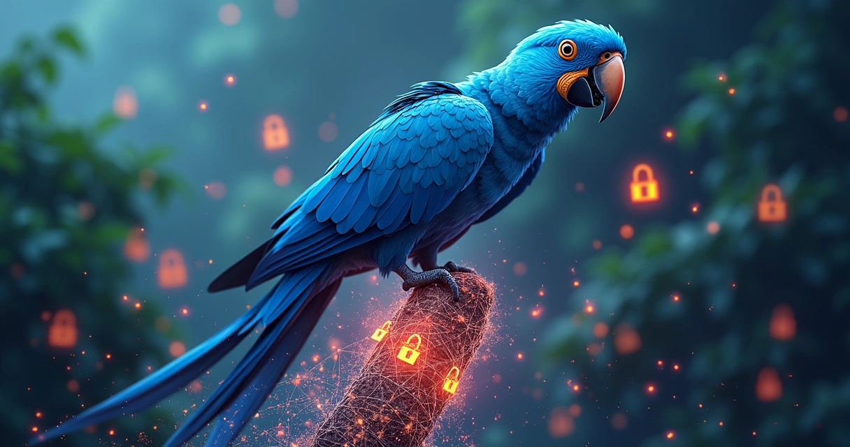 Arara azul em cenário digital futurista 