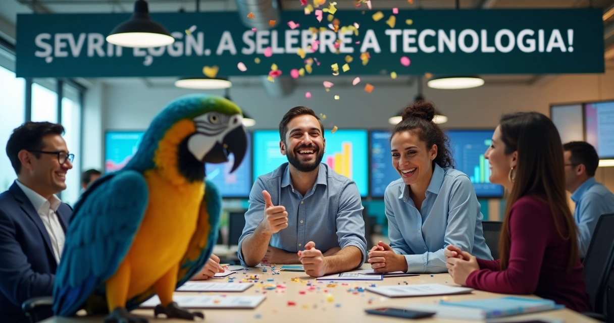 Time de vendas celebrando com mascote arara azul 