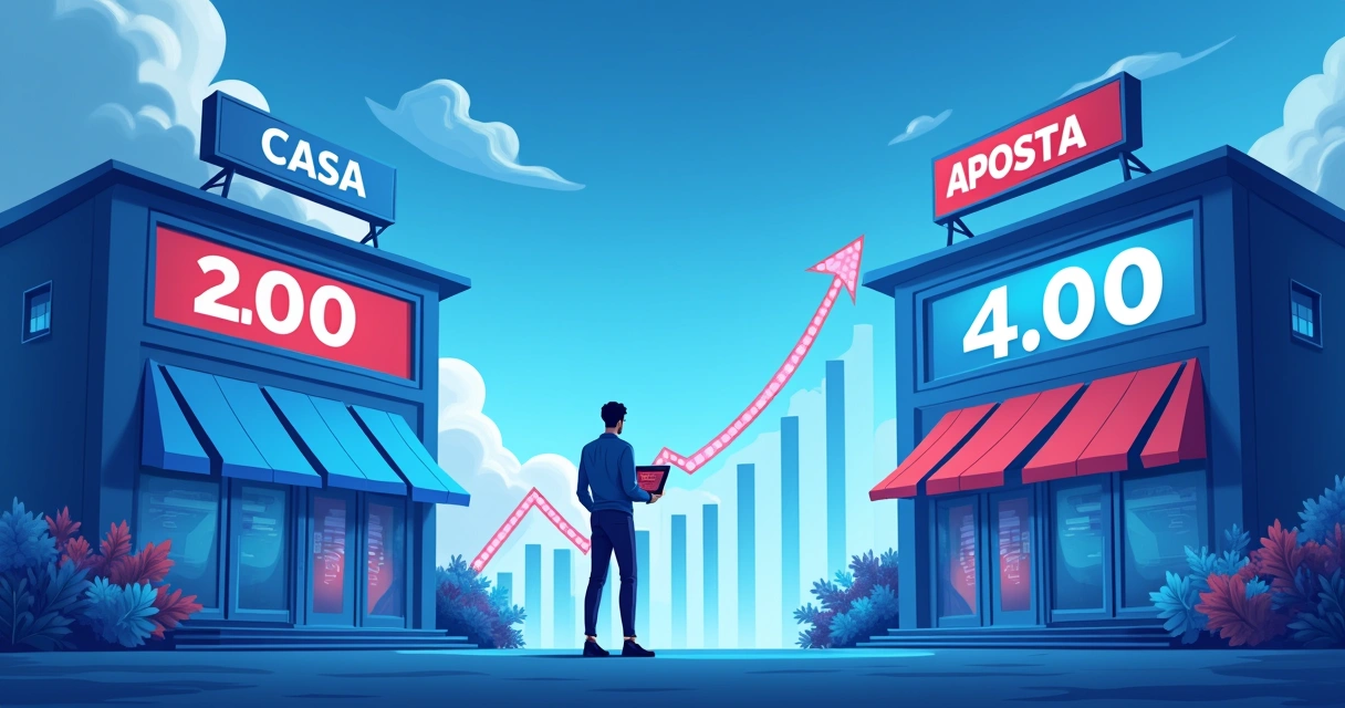 Apostador analisando odds de duas casas de apostas, mostrando gráficos e oportunidades de lucro.