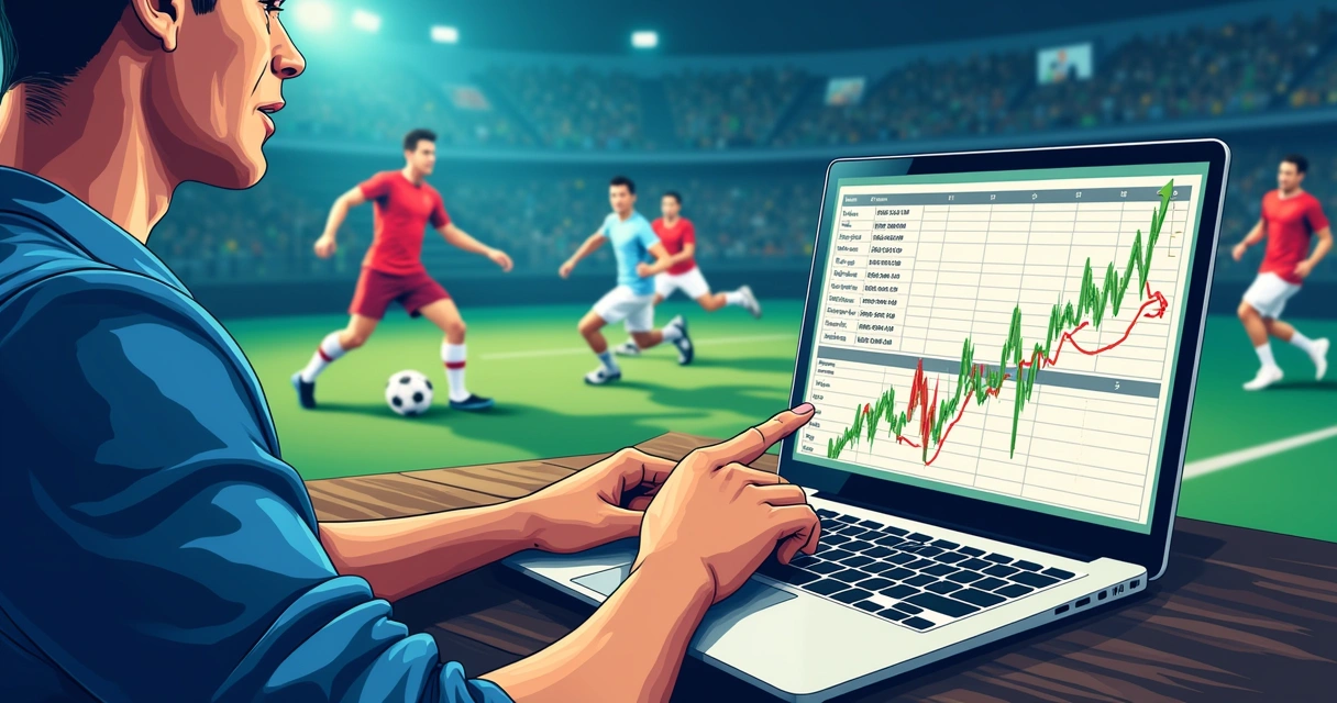 Uma cena de apostas esportivas com uma pessoa usando um laptop mostrando diferentes esportes.