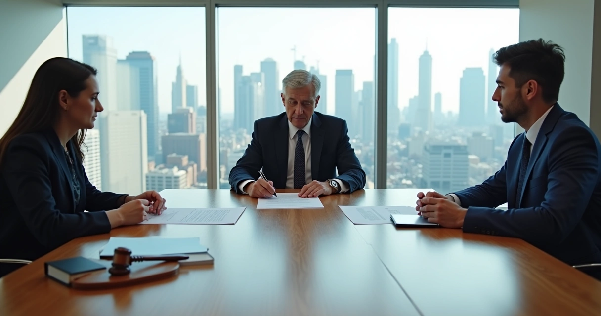 Mesa de reunião com árbitro e duas partes assinando acordo de arbitragem 