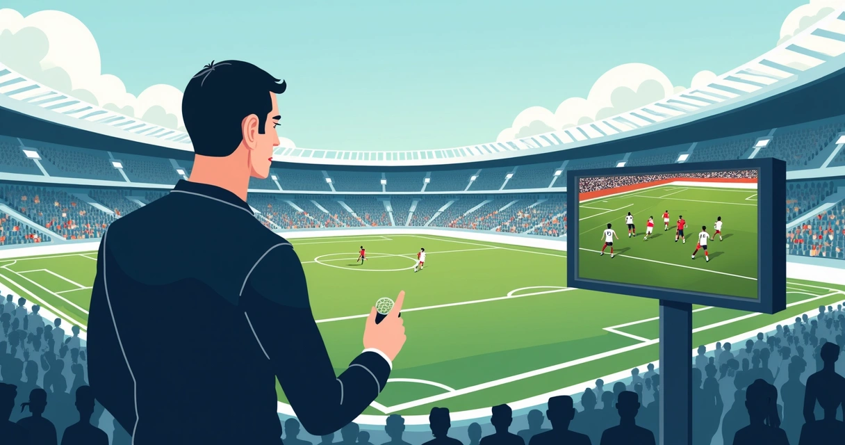 Árbitro assistente de vídeo revisando um lance no monitor à beira do campo 
