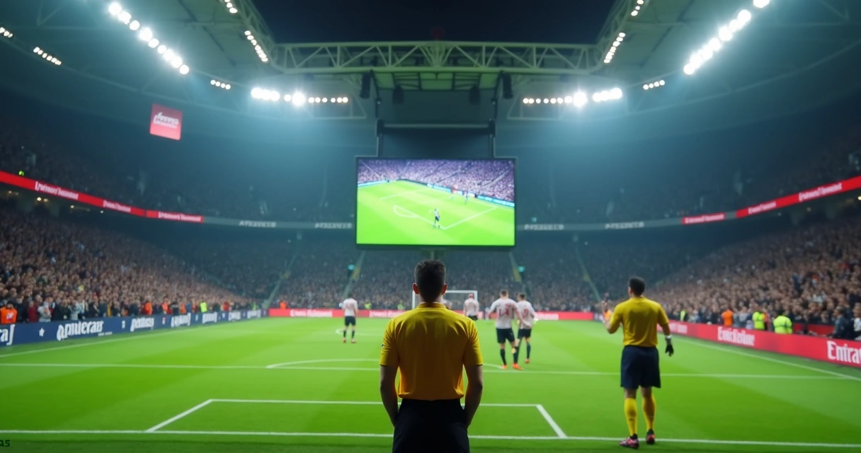 Árbitro consultando o VAR durante marcação de pênalti