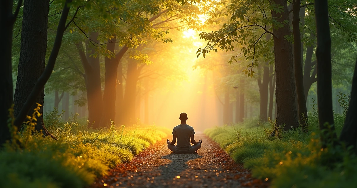 Camino en un bosque tranquilo con luz suave al fondo y una figura humana en meditación 
