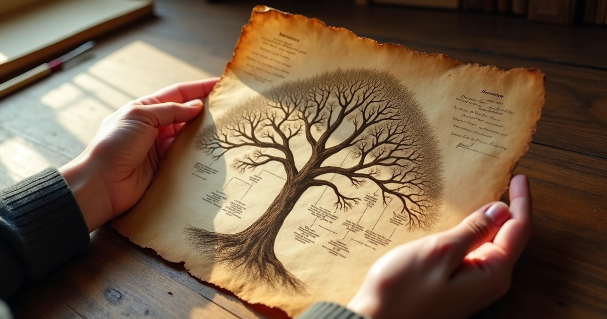 Árbol genealógico antiguo y manos abiertas debajo 