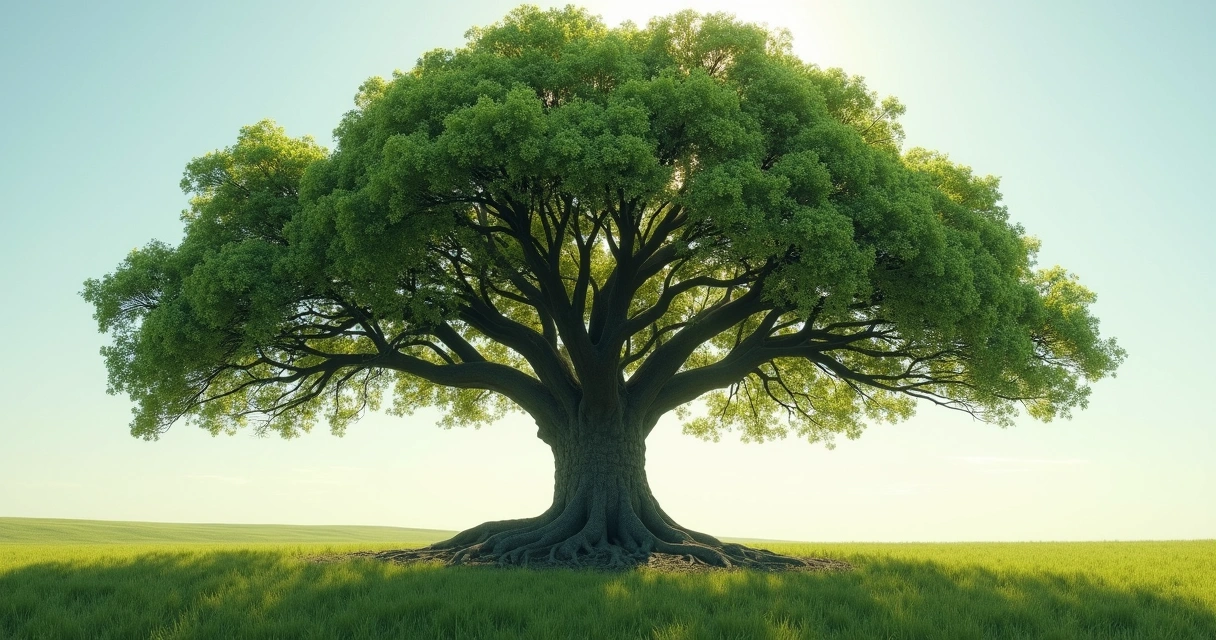 Árbol con raíces profundas y ramas extendidas en crecimiento 