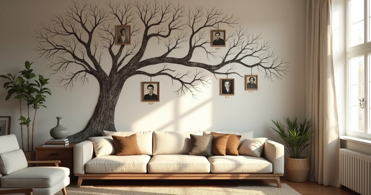 Árbol genealógico familiar dibujado en pared con cuadros de fotos 