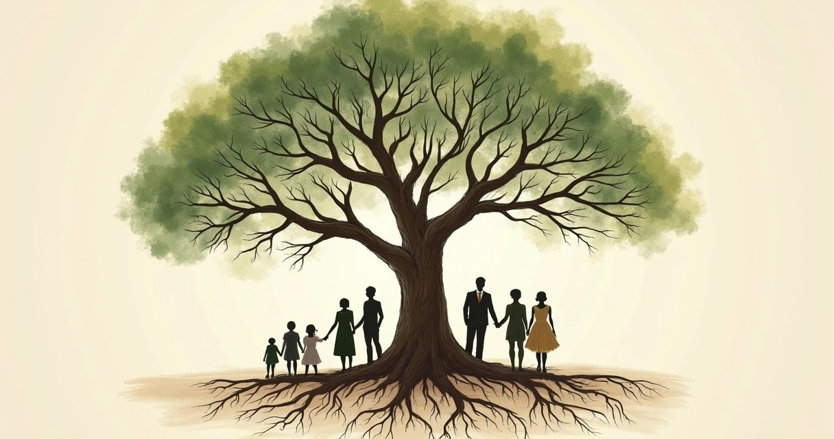 Dibujo de un árbol familiar con raíces y ramas conectando generaciones.