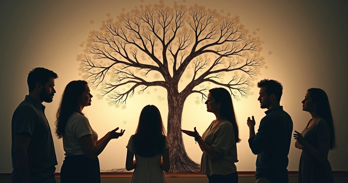 Árbol genealógico y siluetas discutiendo frente a él
