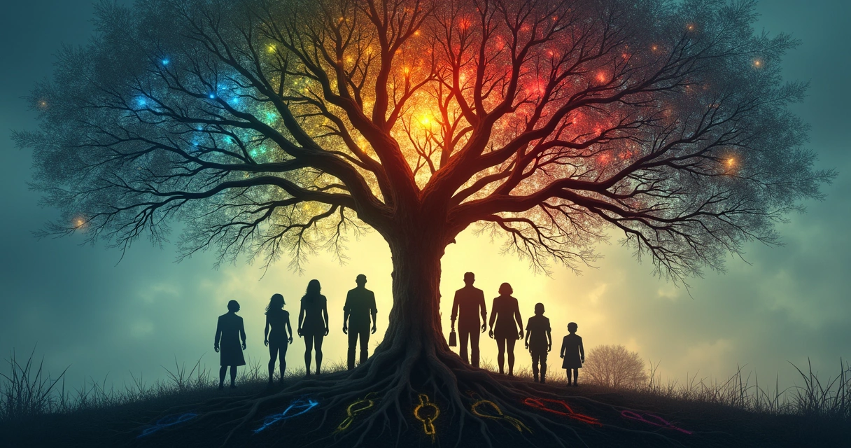 Árbol genealógico con símbolos emocionales y lazos familiares resaltados 