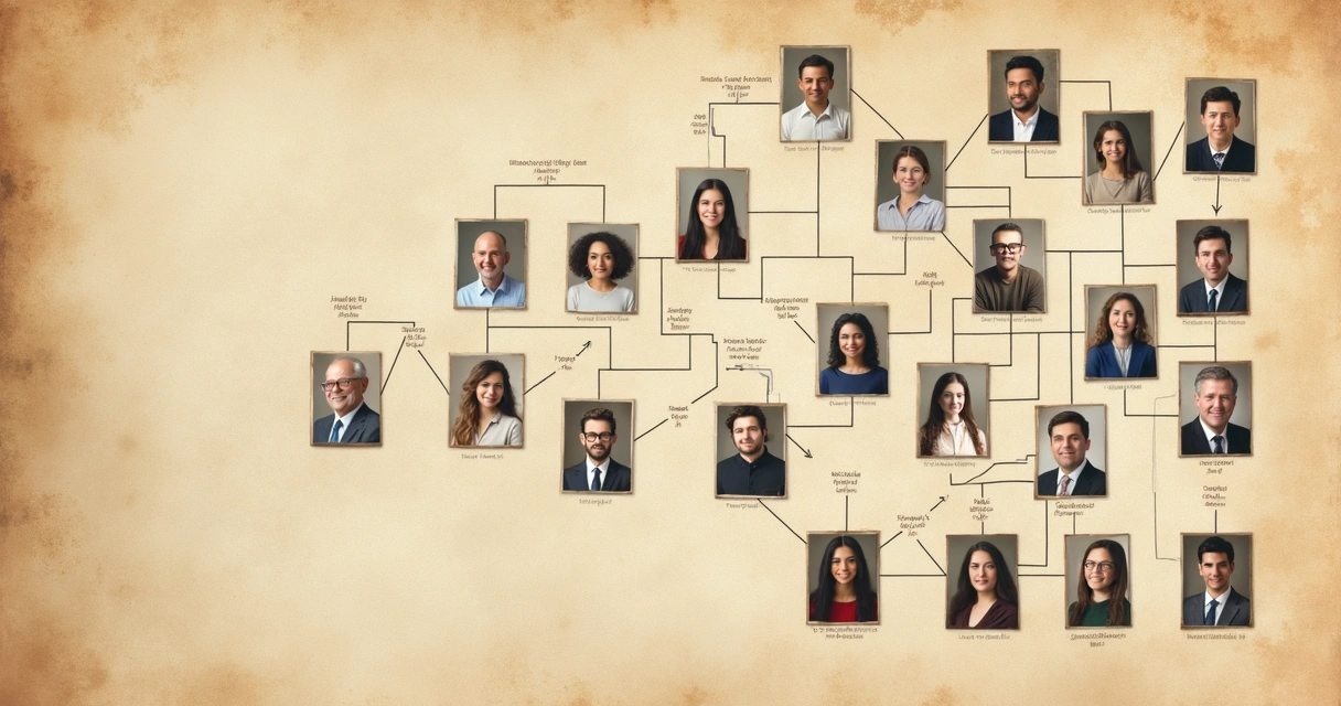 Diagrama de árbol genealógico con fotos y líneas uniendo a familiares 