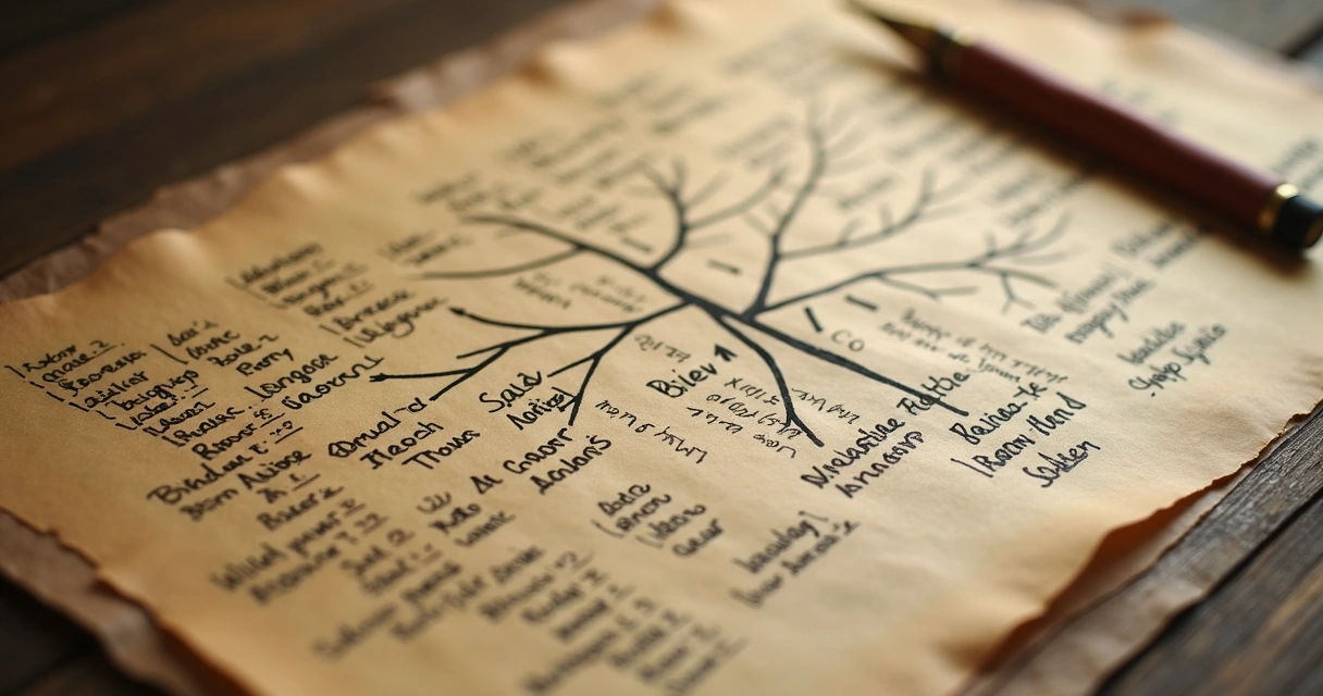 Árbol genealógico familiar dibujado en papel con anotaciones a mano