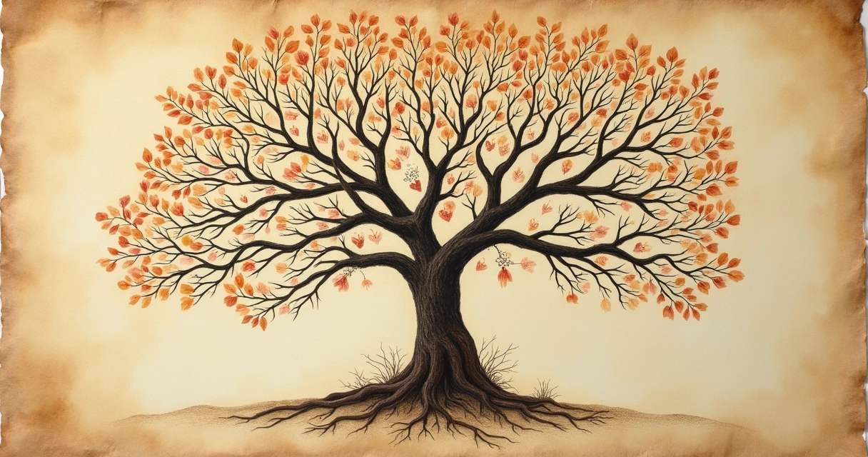 Árbol genealógico familiar dibujado a mano con hojas y nombres visibles 