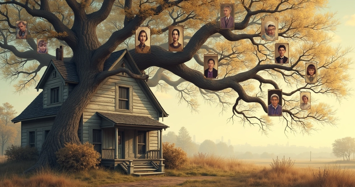 Árbol genealógico familiar dibujado junto a una casa antigua 
