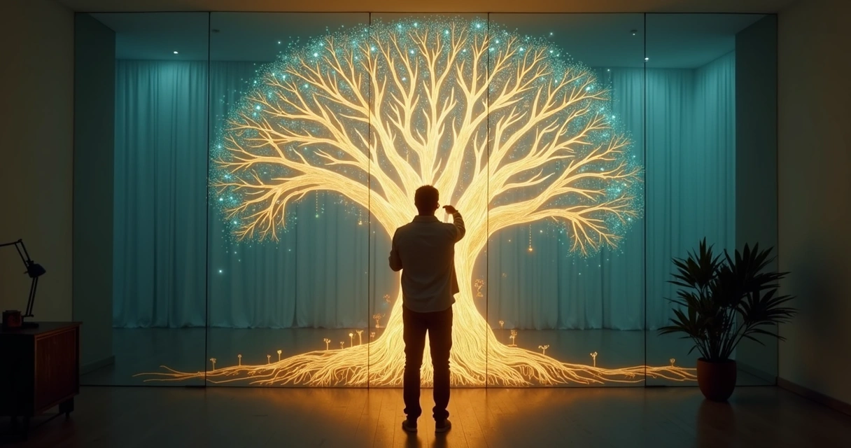 Persona adulta observando un árbol genealógico luminoso con raíces y ramas de colores 