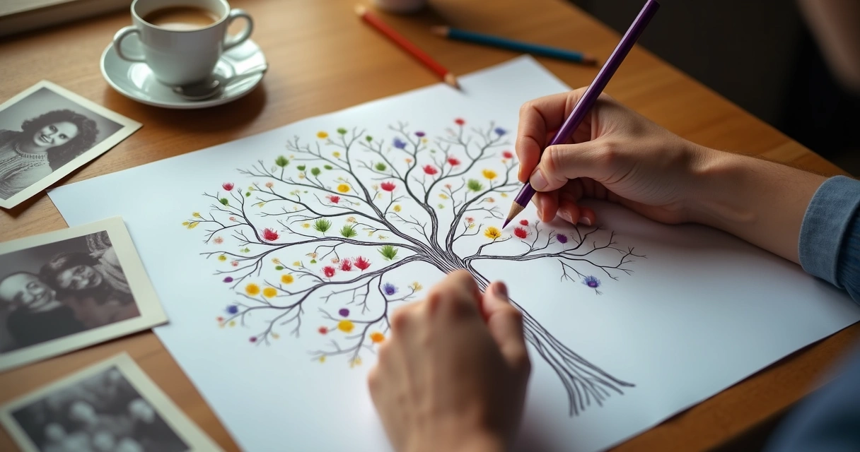 Manos adultas dibujando árbol genealógico en papel 