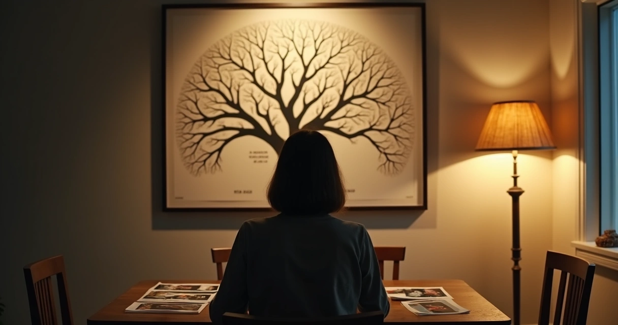Mujer mira un árbol genealógico cuya sombra revela figuras ocultas 