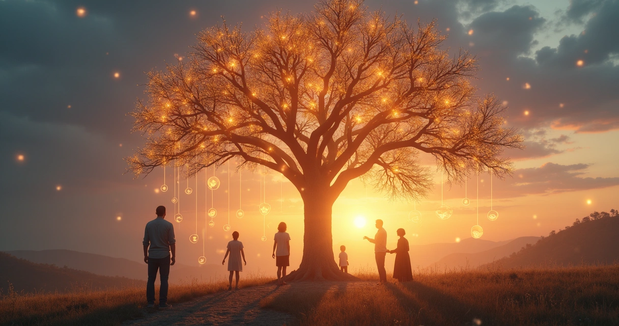 Árbol genealógico humano conectado por hilos de luz entre generaciones 
