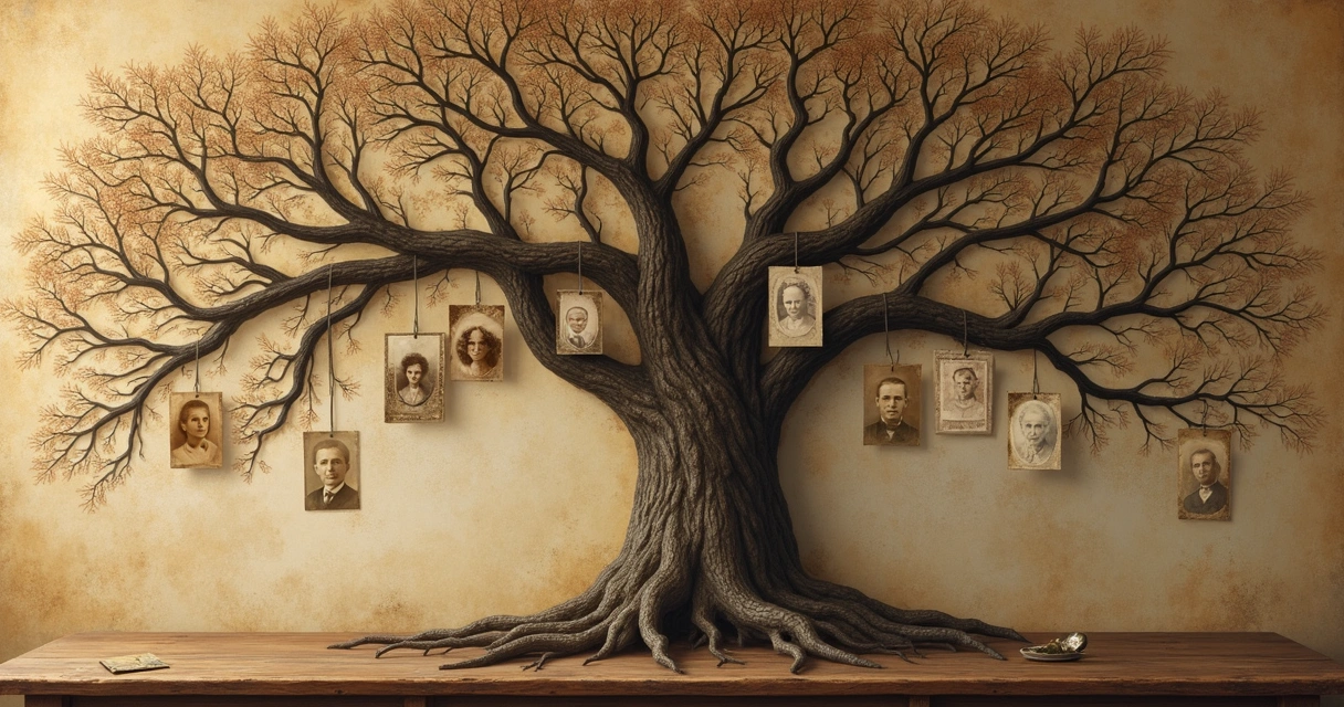 Árbol genealógico ilustrado con ramas y fotografías familiares. 