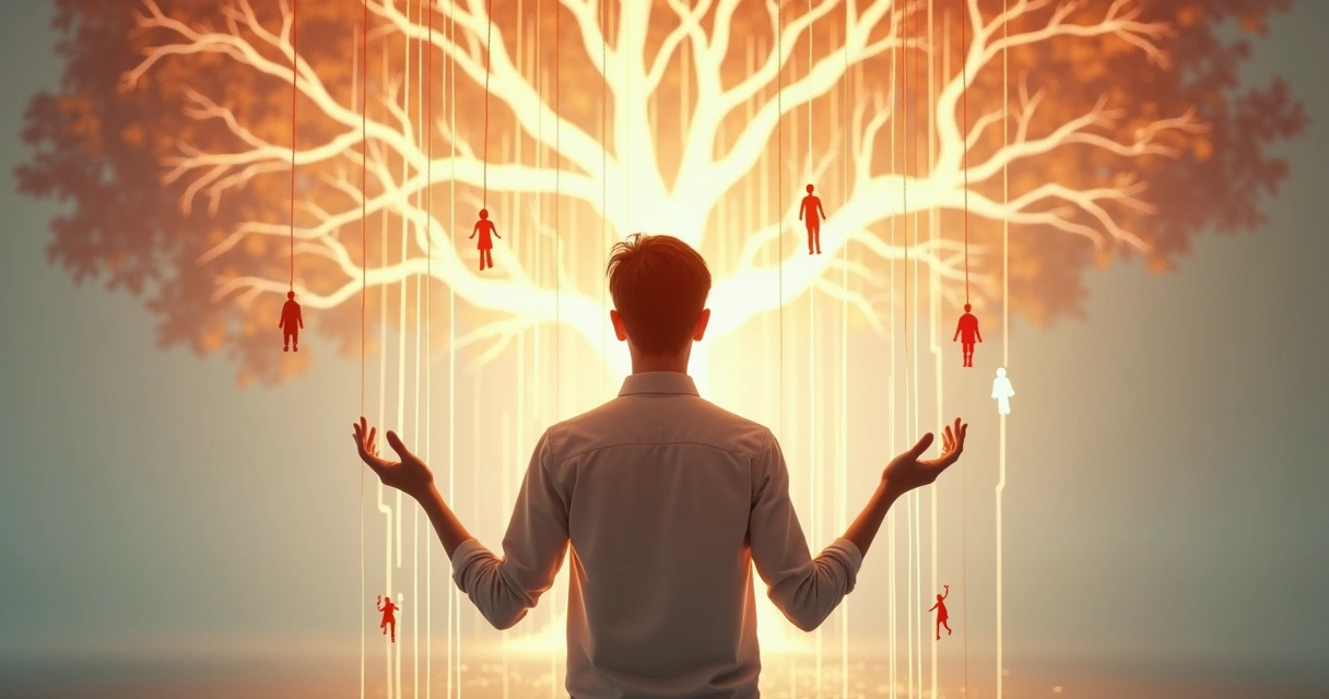 Persona sosteniendo cuerdas conectadas a figuras familiares dentro de un árbol abstracto 