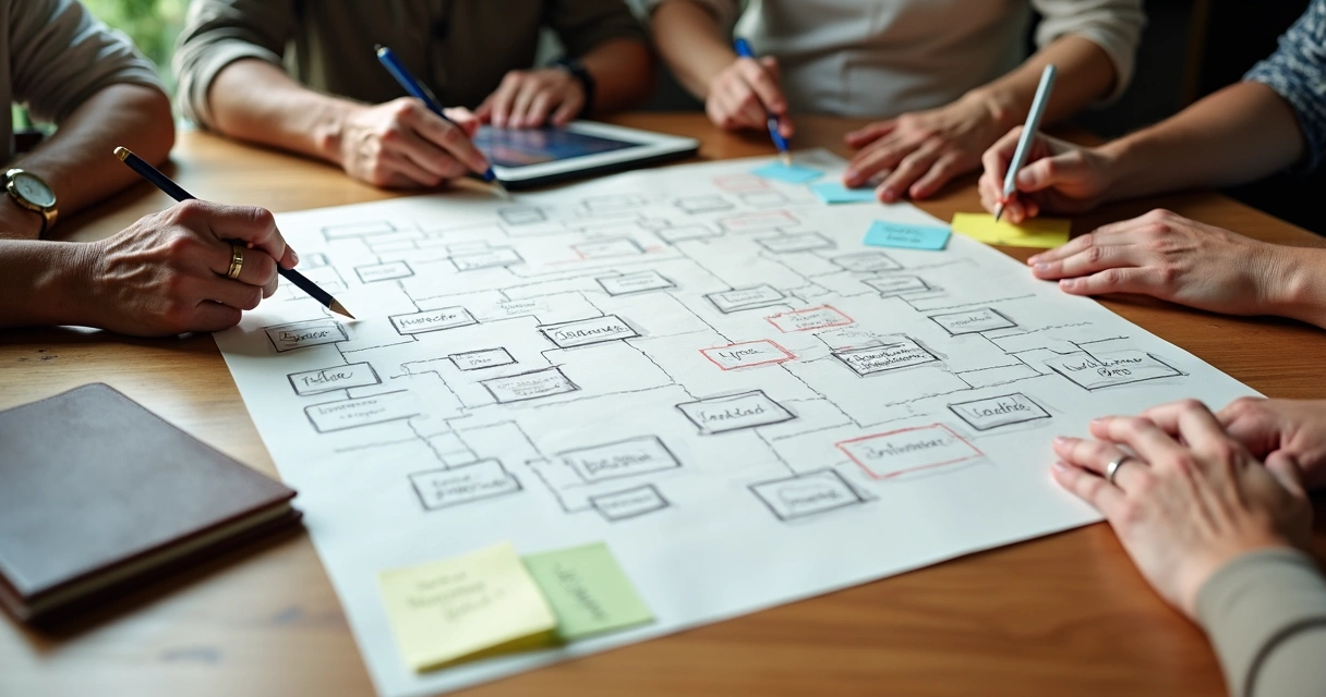 Mesa con árbol de sucesión familiar dibujado y notas de colores alrededor 