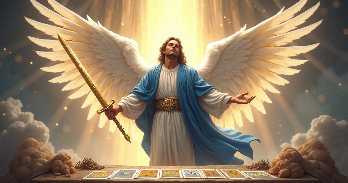 Ilustração de um arcanjo com asas abertas, segurando uma espada de luz, ao lado de cartas de tarot. 