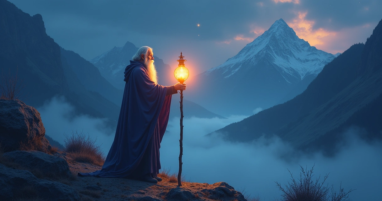 O Eremita no tarot iluminando o próprio caminho em ambiente montanhoso e etéreo, foco na lanterna acesa 