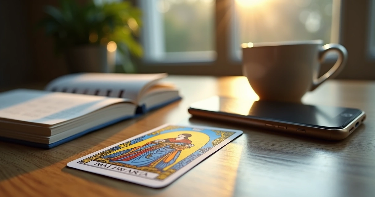 Arcano maior do tarot colocado junto a objetos de rotina diária 