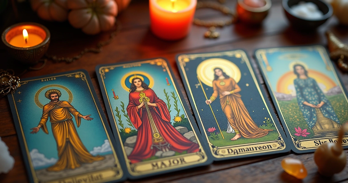 Cartas do tarot mostrando arcanos maiores e menores juntos 