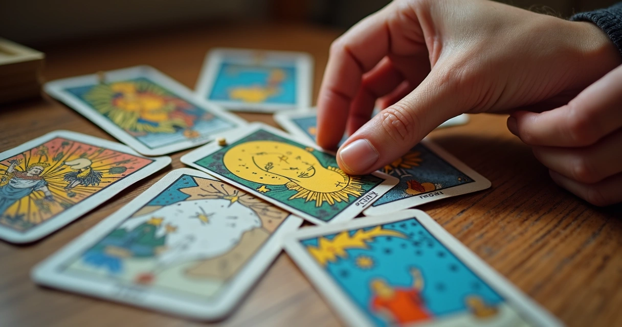 Cartas dos Arcanos Maiores coloridas espalhadas sobre uma mesa. 