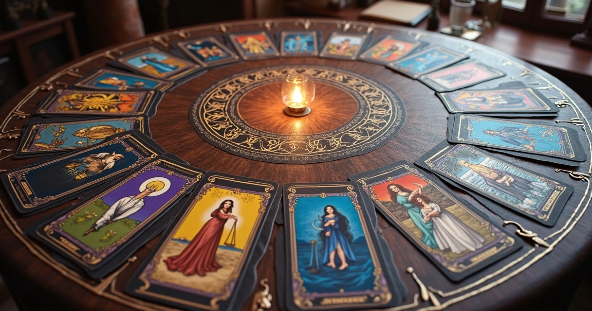 Ilustração dos arcanos maiores do tarot organizados em círculo, com símbolos destacados 