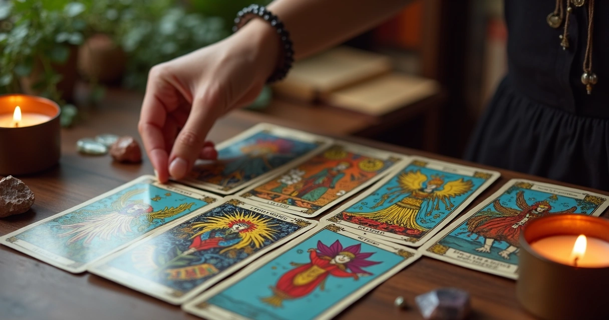 Arcanos maiores e menores do tarot espalhados em mesa 