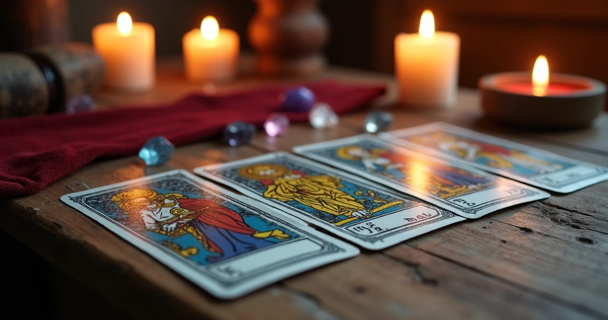 Cartas de arcanos maiores do tarot dispostas sobre mesa de madeira 