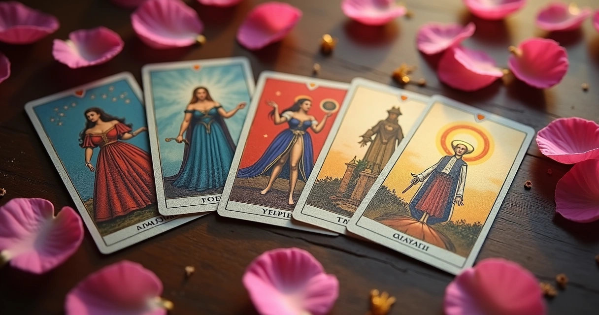 Arcanos maiores do tarot em destaque em cenário romântico 