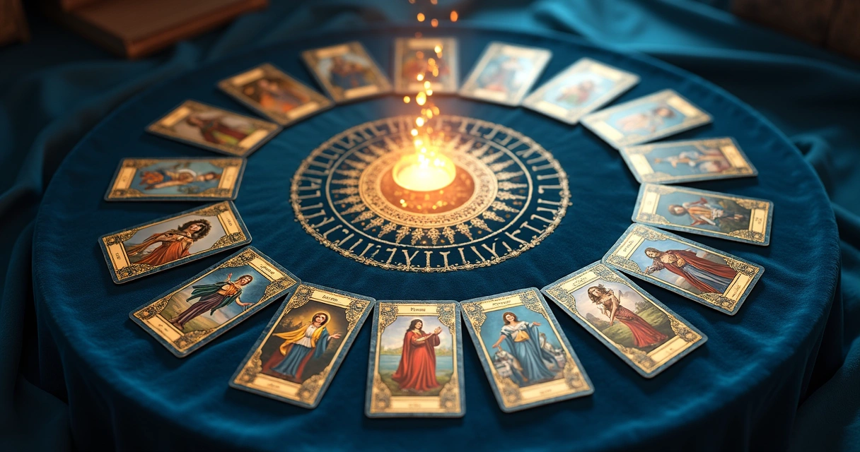 Ilustração de cartas dos Arcanos Maiores do Tarot organizadas em círculo, com foco em suas imagens e detalhes dourados. 