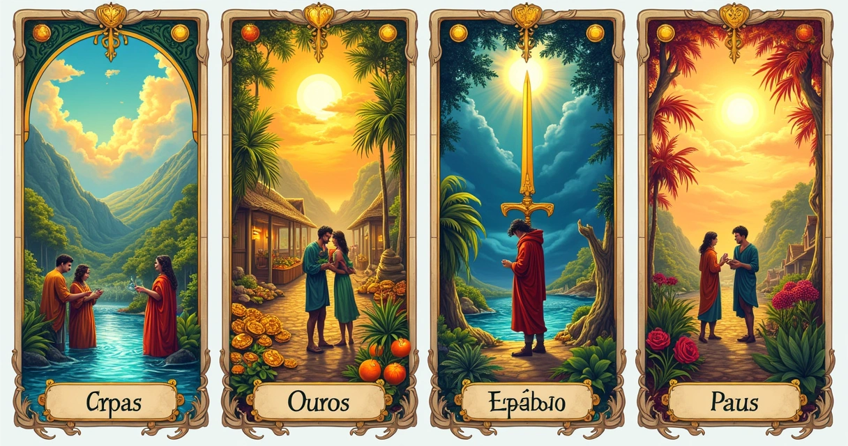 Ilustração das quatro cartas dos Arcanos Menores, mostrando Copas, Ouros, Espadas e Paus em cenários vibrantes.