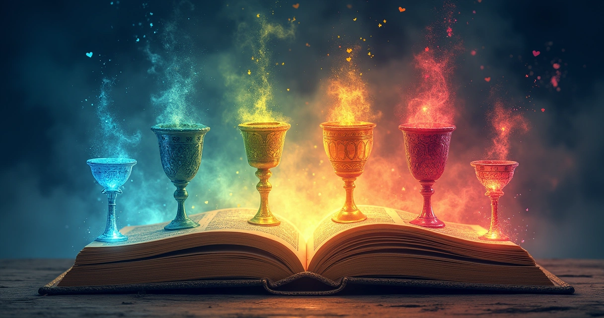 Representação dos quatro naipes dos Arcanos Menores com Copas, Paus, Espadas e Ouros dispostos em um livro aberto.