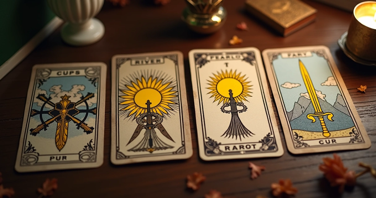 Cartas dos Arcanos Menores do Tarot com símbolos de copas, ouros, paus e espadas lado a lado. 