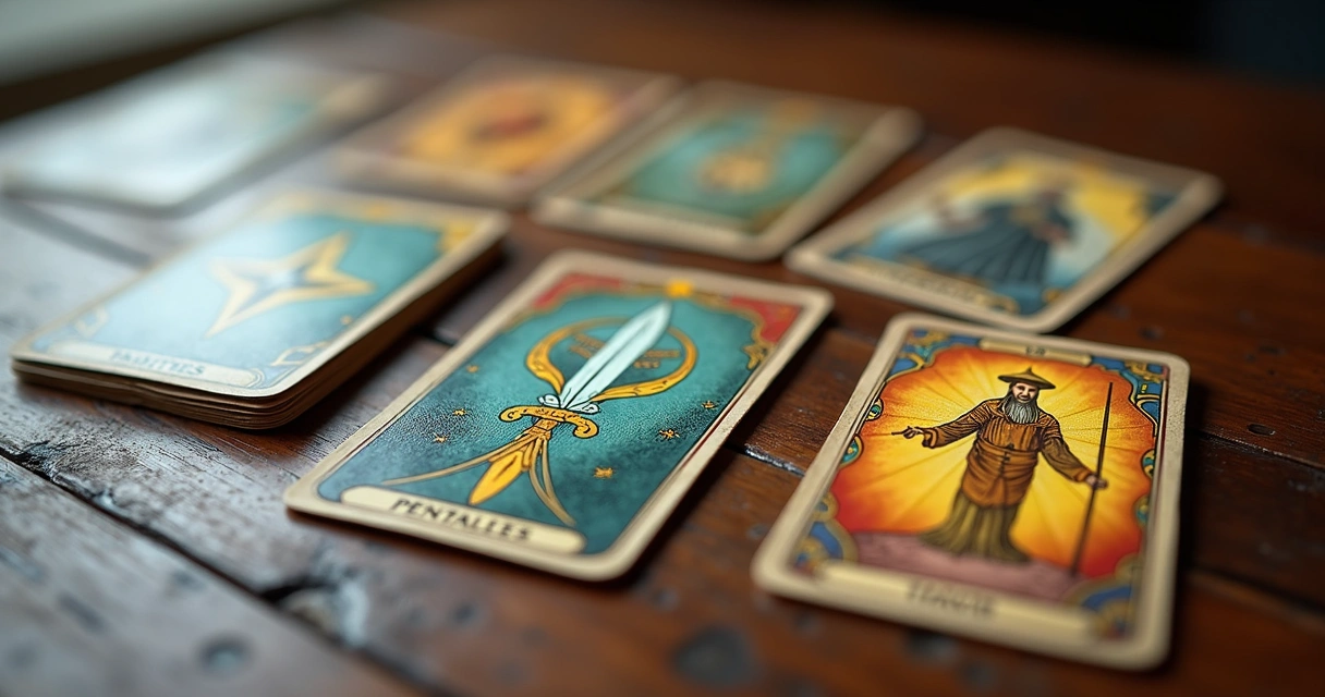 Cartas dos arcanos menores dispostas em uma mesa de madeira, com detalhes coloridos dos quatro naipes do tarot em destaque 