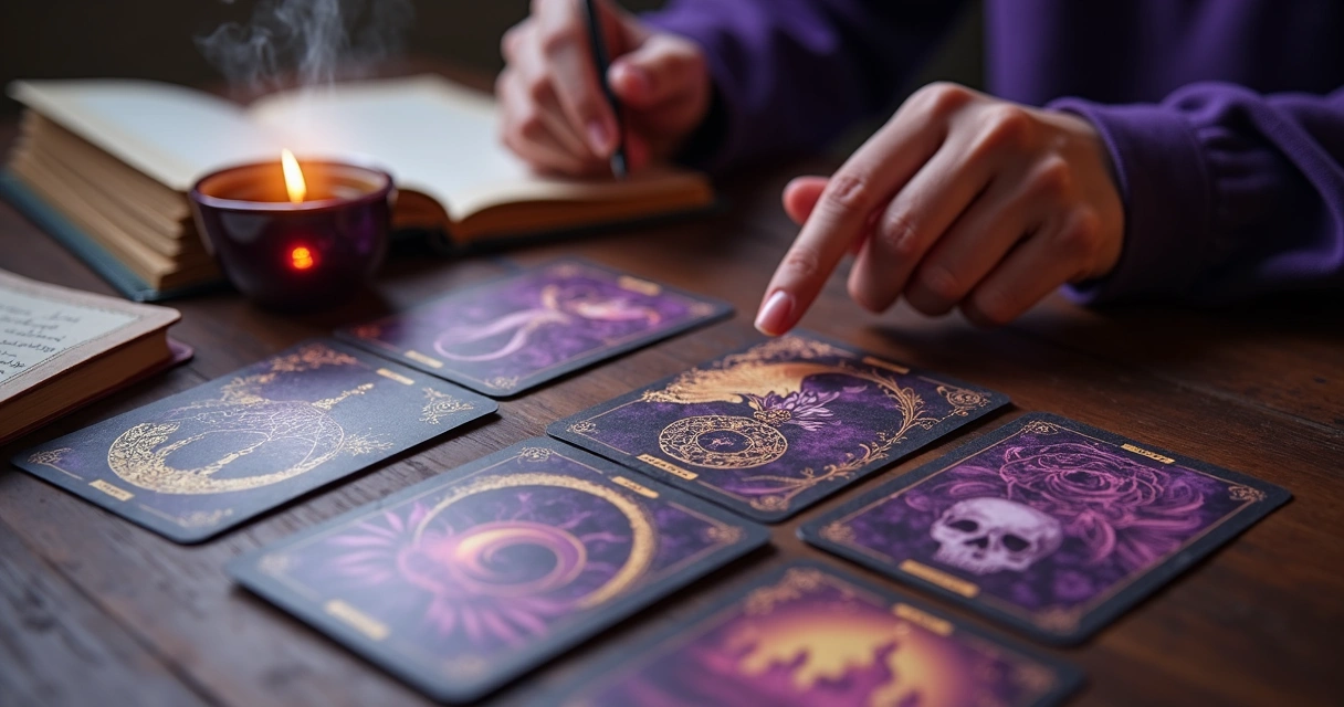Arcanos maiores e menores do tarot em mesa de leitura 