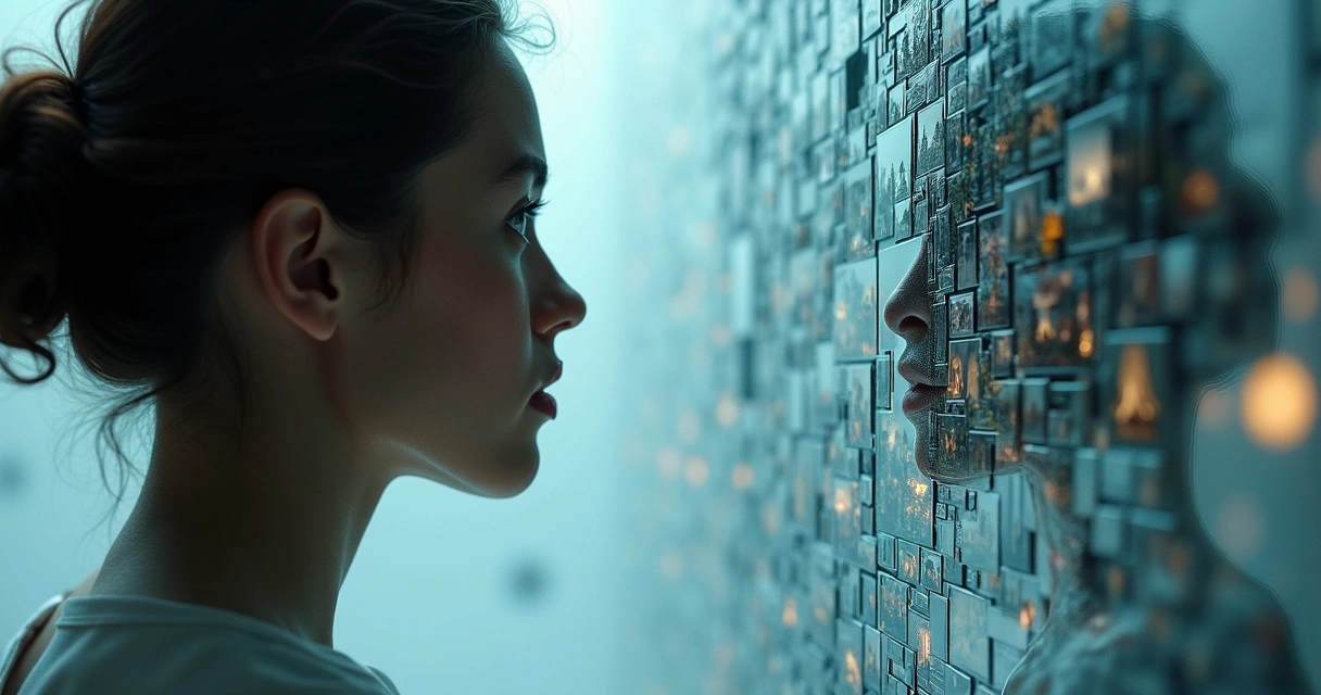 Side profile reflected in mosaic of narrative archetype scenes 